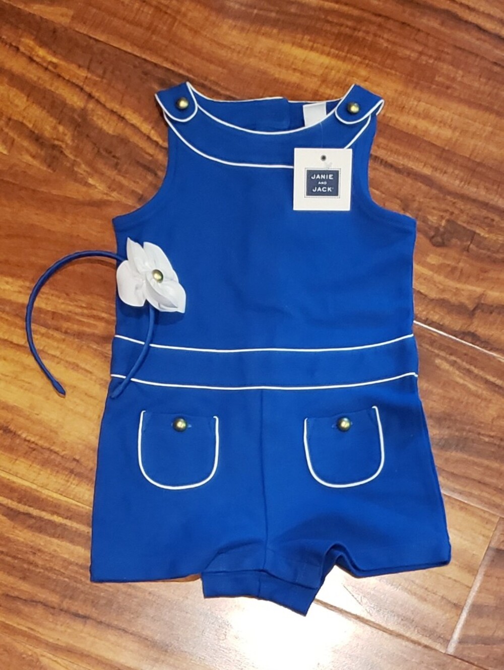Janie and Jack NWT 18-24 months cobalt blue romper w/ ivory piping & headband